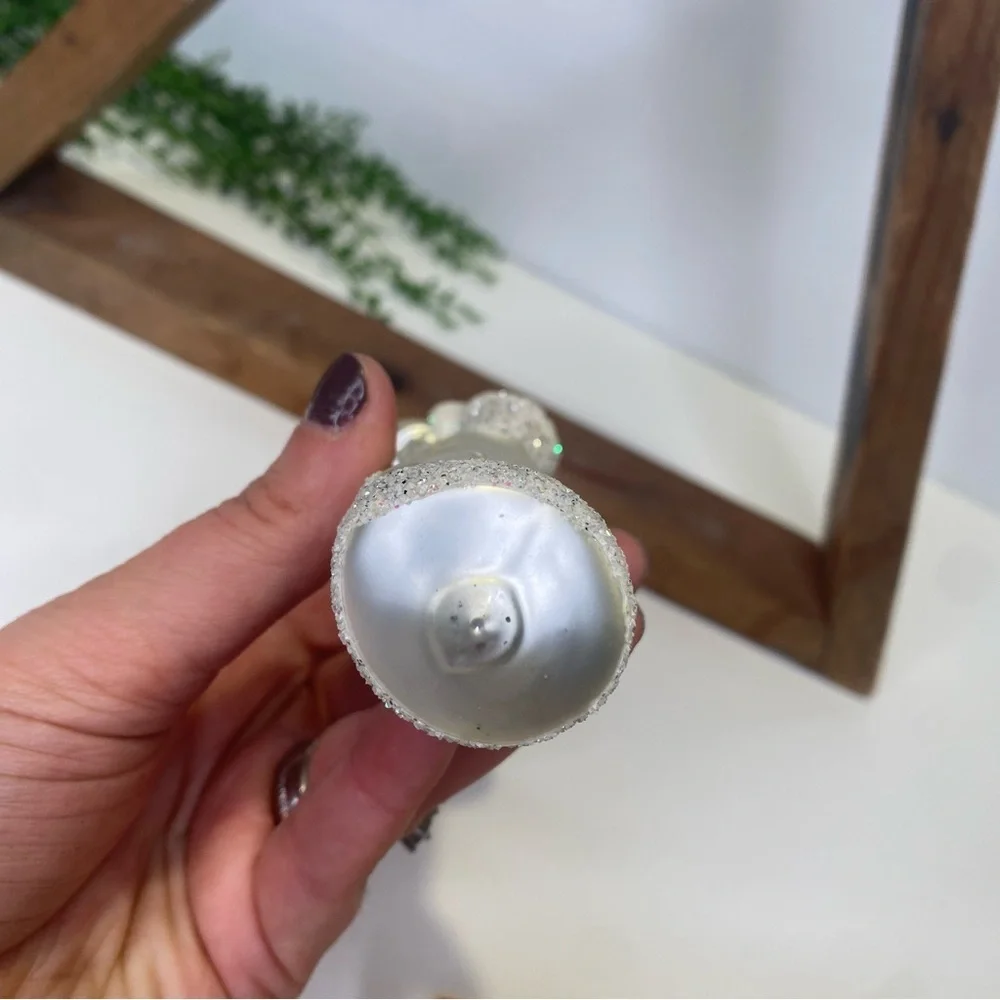 Vintage Czech Republic White Glitter Blown Glass Santa Christmas Tree Ornament